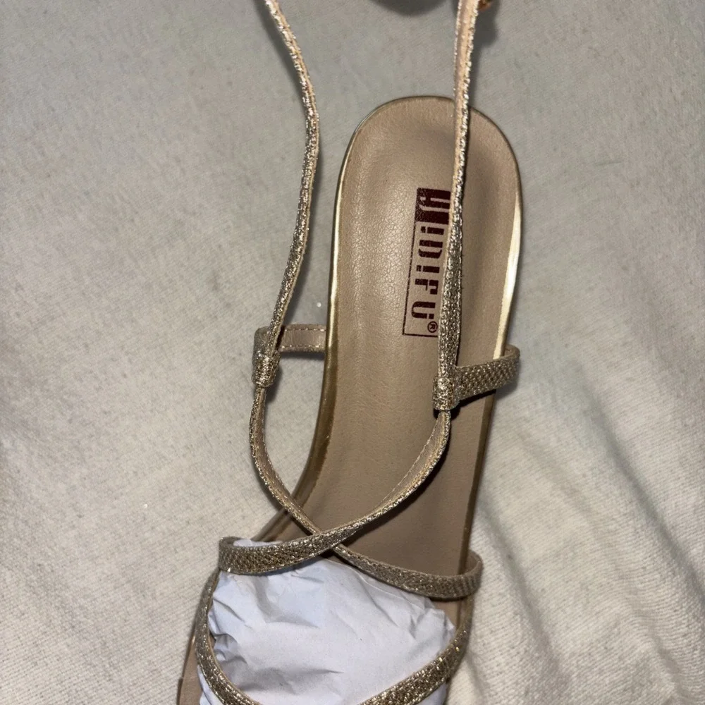 Gold Glitter Block Heel Strappy Sandals Open‎ Toe Ankle Strap  8.5 Formal